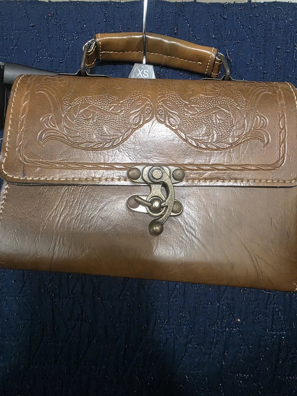 Source Unknown Brown Tooled Leather Satchel with Brass Clasp